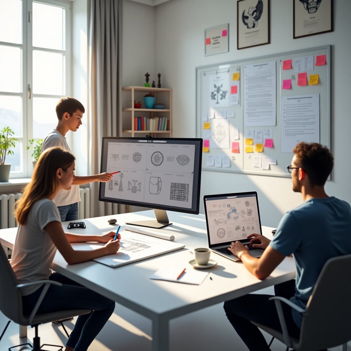 Concept art, wireframes, and notes spread out on a desk, illustrating key elements of game design such as storyboarding, character development, and level planning.