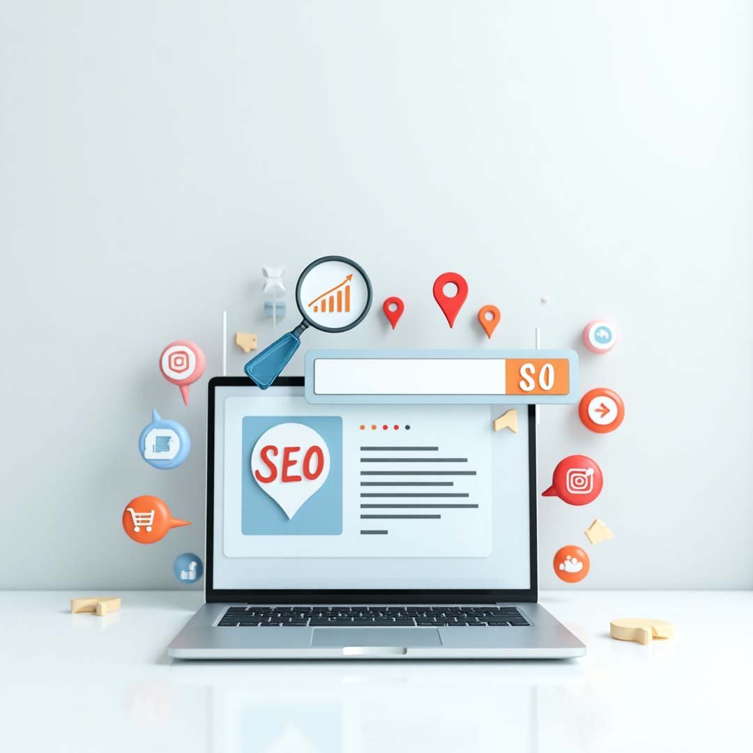 Online store dashboard with rising search rankings and shopping icons, symbolizing how SEO boosts visibility and attracts more customers.