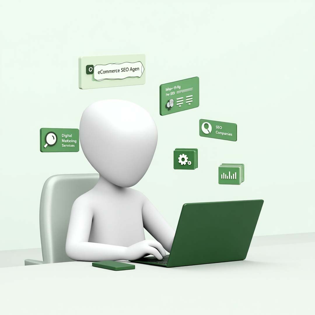 Illustration of a person analyzing SEO data on a laptop, surrounded by shopping cart icons and search engine symbols, representing the process of finding eCommerce SEO services.