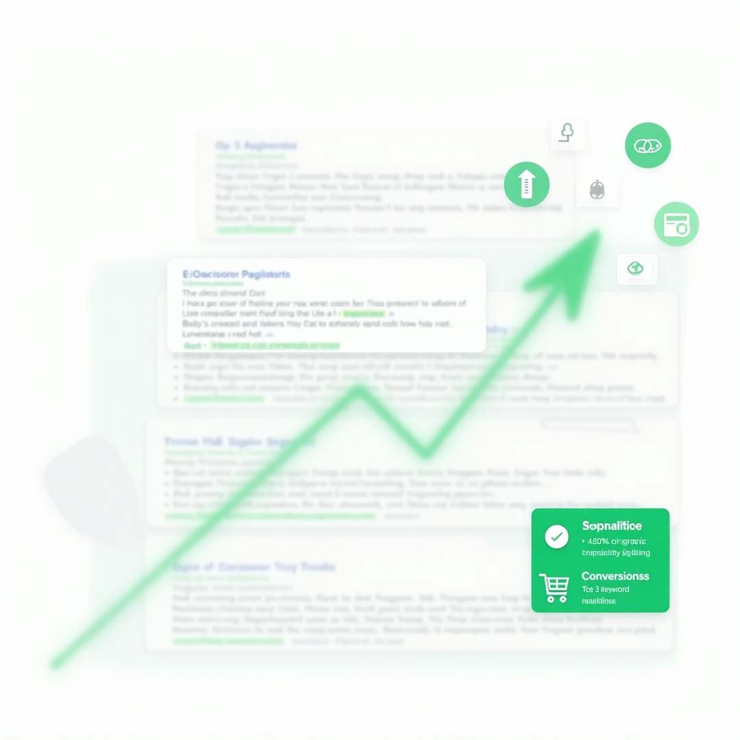 eCommerce website on a laptop screen with SEO analytics, search engine results, and product images, illustrating the importance of SEO for online visibility and traffic.