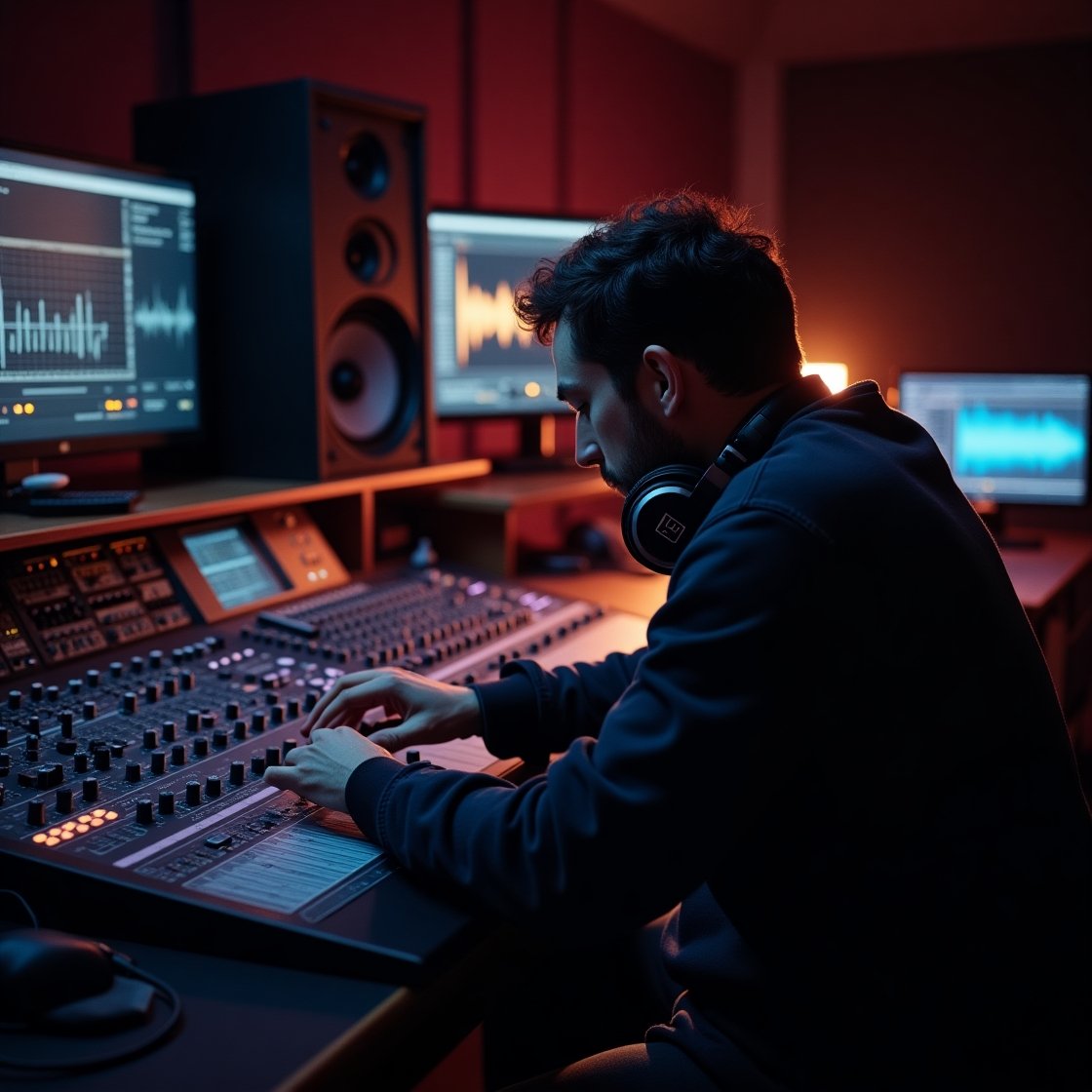 Image showing audio engineering equipment, including mixing consoles, headphones, and sound editing software, used to record, mix, and produce high quality audio.